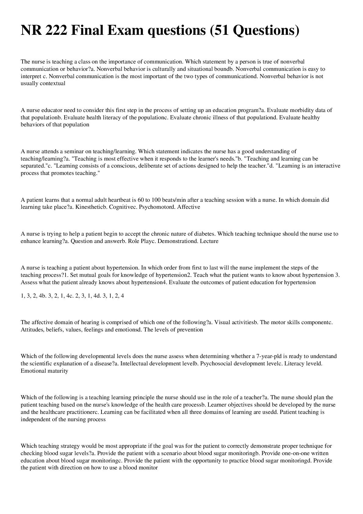 Preview image for NR 222 - Health and Wellness: Final Exam questions (51 Questions)  Chamberlain College of Nursing